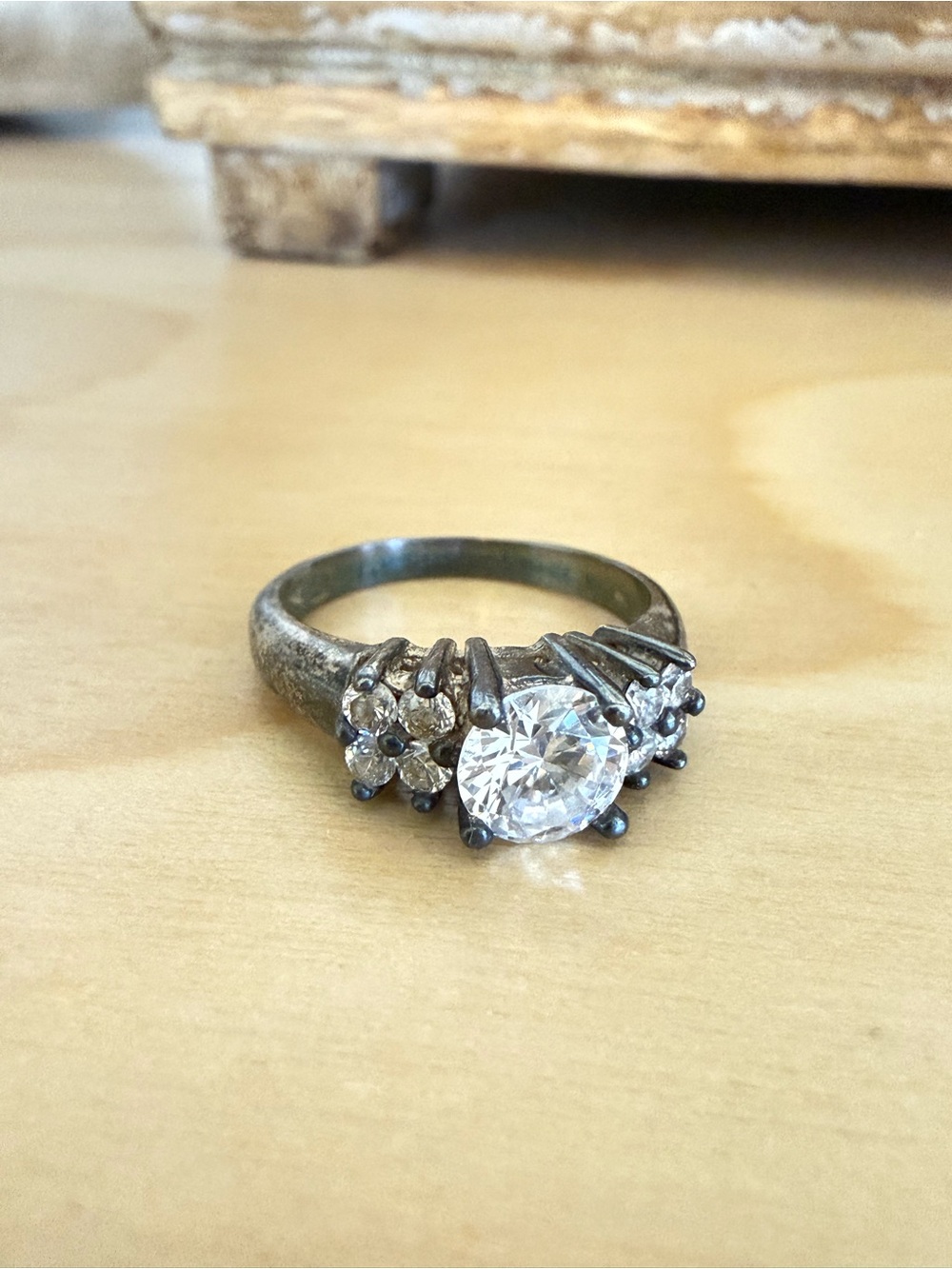 Vintage  Old Cluster Clear Ring Sterling Silver